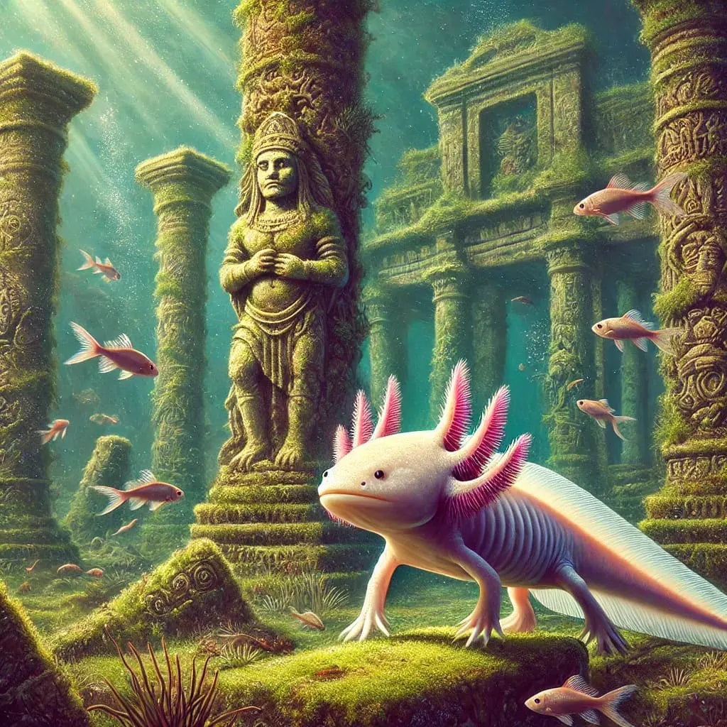 Axolotl steht vor antiken Tempelruinen in einer abenteuerlichen Szenerie