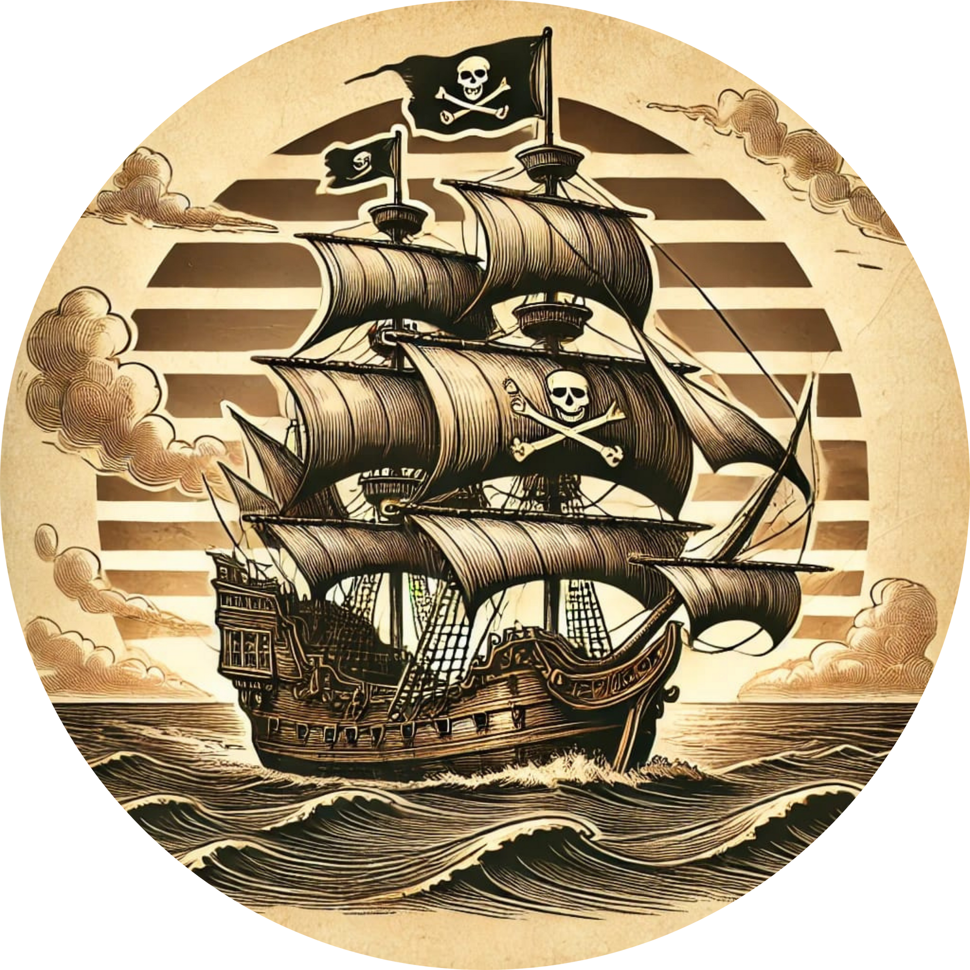 Antikes Holzschiff mit vielen Segeln in sepiafarbener Darstellung