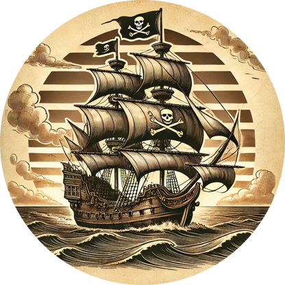 Antikes Holzschiff mit vielen Segeln in sepiafarbener Darstellung