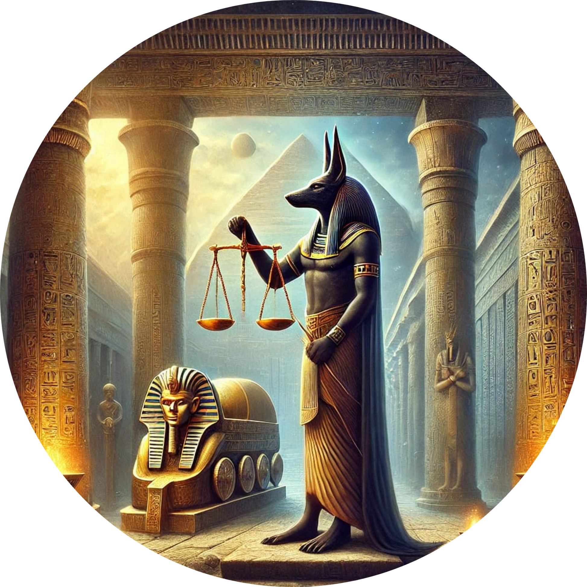 Anubis vor ägyptischen Säulen, Waage des Herzens im Vordergrund