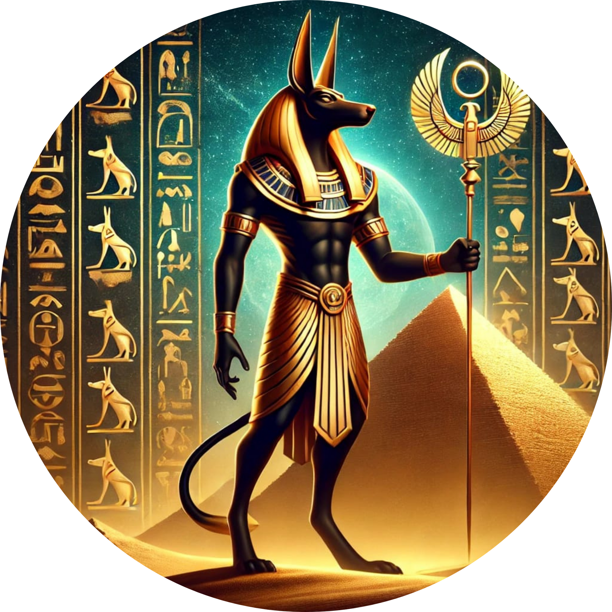 Ägyptischer Gott Anubis Horus und Hieroglyphen im Hintergrund