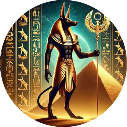Ägyptischer Gott Anubis Horus und Hieroglyphen im Hintergrund