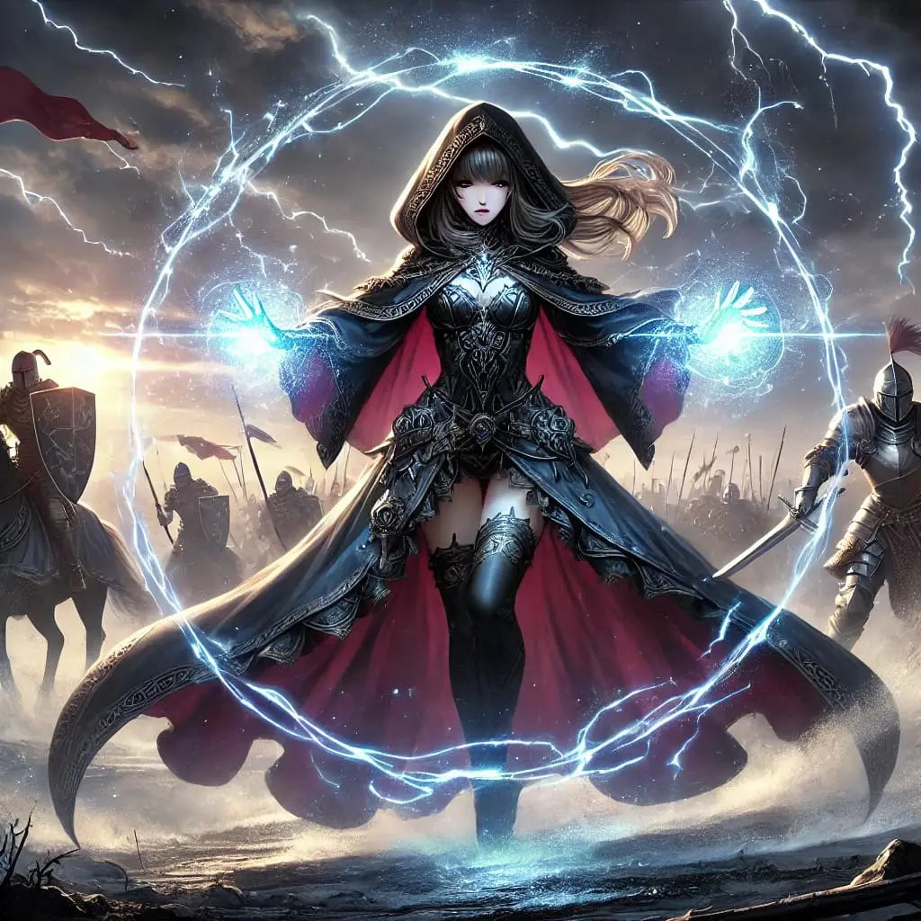  Eine mächtige Anime-Heldin mit Kapuze entfesselt Blitze in einem apokalyptischen Setting.