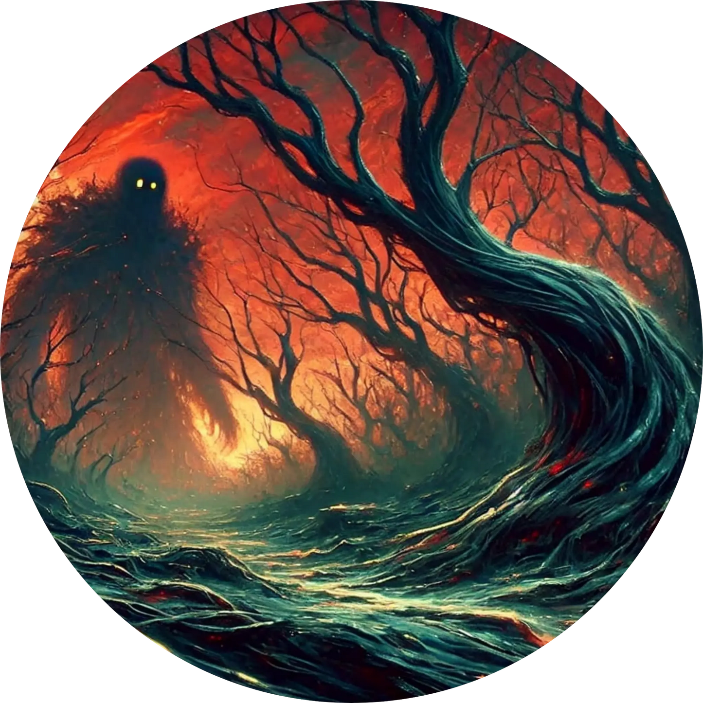 Verkohlter Baum mit glühendem Inneren ragt aus apokalyptischer Landschaft