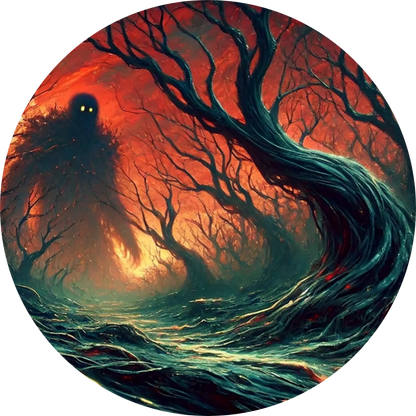 Verkohlter Baum mit glühendem Inneren ragt aus apokalyptischer Landschaft