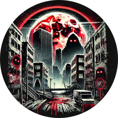 Apokalyptische Stadt mit roten Lichtern und unheimlicher Silhouette