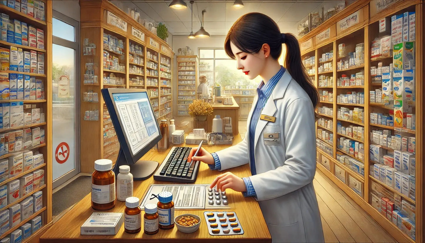  Illustration einer Apothekerin im weißen Kittel an einem Computer in einer Apotheke, umgeben von Medikamentenregalen – stilvoller Berufsbezug für die Kategorie Berufe.