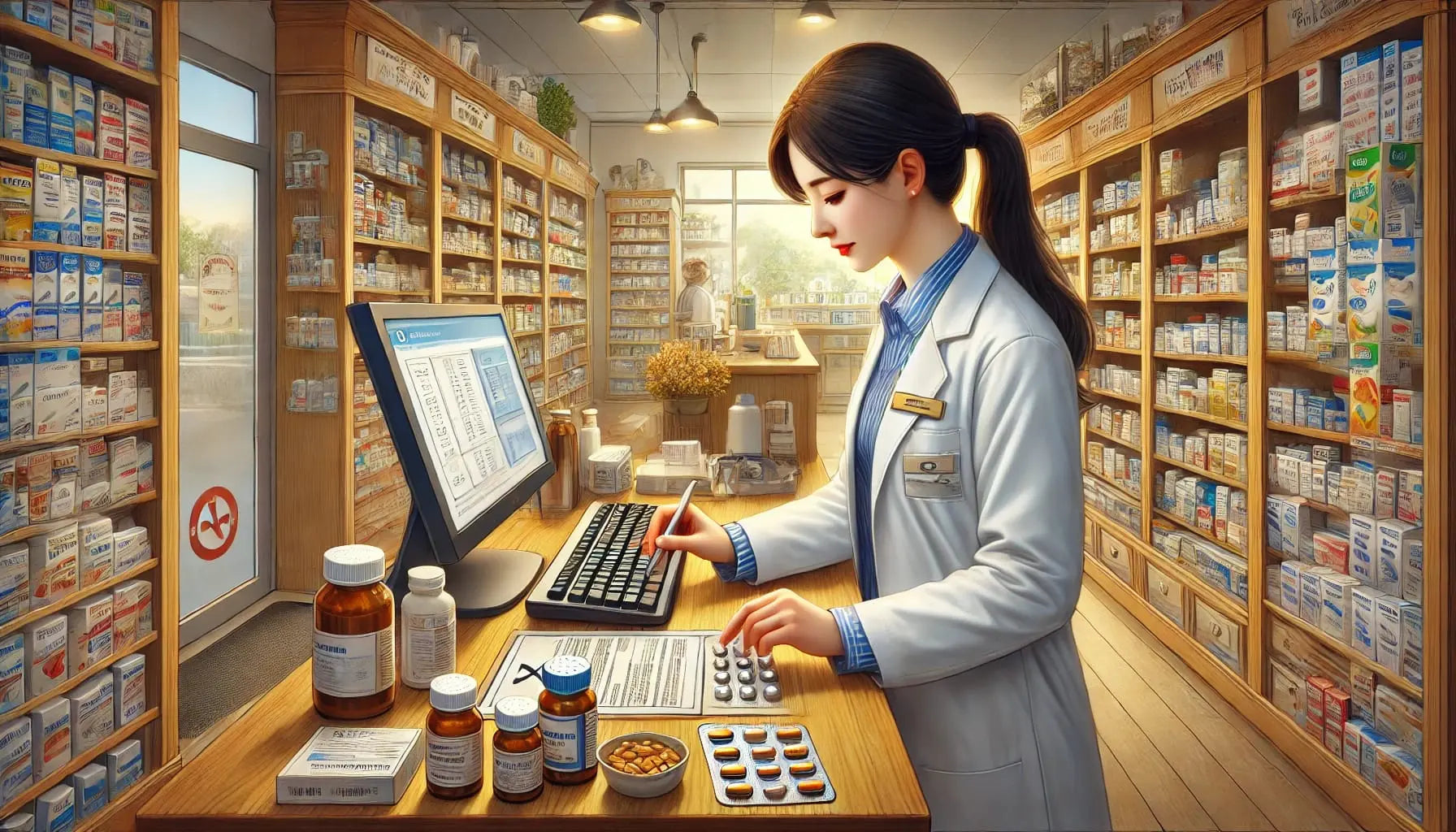  Illustration einer Apothekerin im weißen Kittel an einem Computer in einer Apotheke, umgeben von Medikamentenregalen – stilvoller Berufsbezug für die Kategorie Berufe.