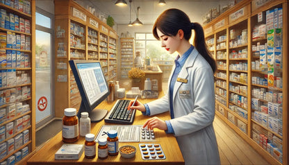  Illustration einer Apothekerin im weißen Kittel an einem Computer in einer Apotheke, umgeben von Medikamentenregalen – stilvoller Berufsbezug für die Kategorie Berufe.