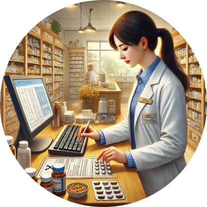 Apothekerin arbeitet am Computer, im Hintergrund Regale mit Medikamenten