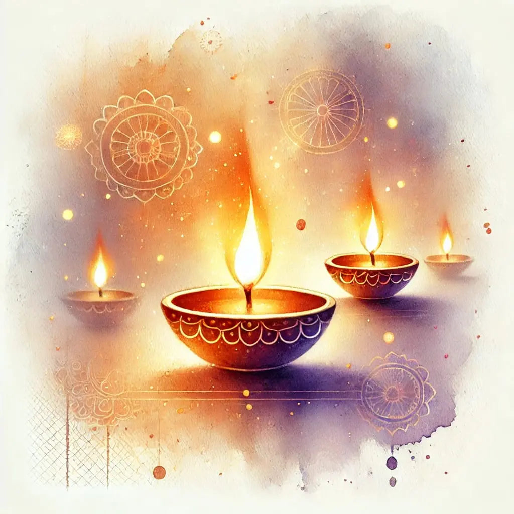 Diwali mit goldenen Öllampen – Leuchtendes Diwali-Motiv mit traditionellen Diyas auf goldenem Hintergrund, stimmungsvoll und warm