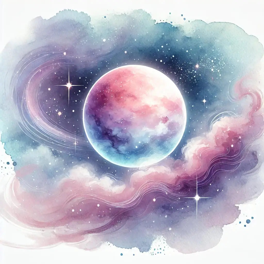 Lila-blauer Planet mit atmosphärischem Nebel auf hellem Hintergrund.