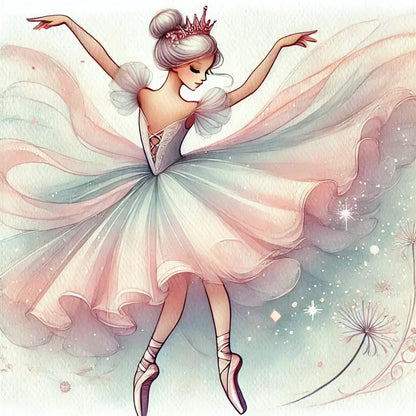 Märchenhafte Ballerina in farbigem Tutu mit ausgestreckten Armen – pastellig träumerisch.