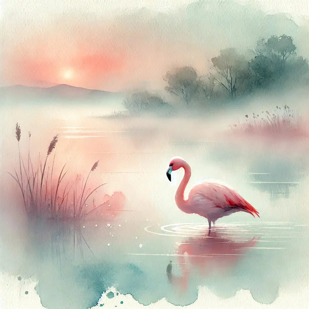 Flamingos im Nebel an einem ruhigen See – zartes Aquarelldesign
