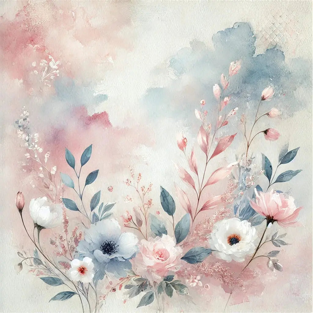 Aquarellhintergrund mit rosa-blauen Wolken und floralen Elementen – pastellfarbene Blumen und Blätter auf wolkigem Farbverlauf.