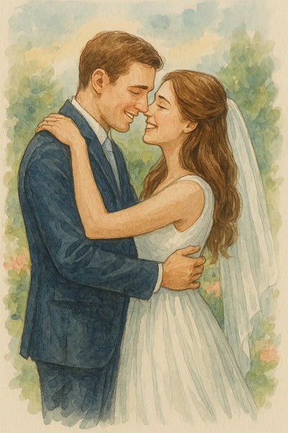 Aquarellillustration eines Brautpaares, das sich liebevoll umarmt – die Braut trägt ein weißes Kleid mit Schleier, der Bräutigam einen blauen Anzug.