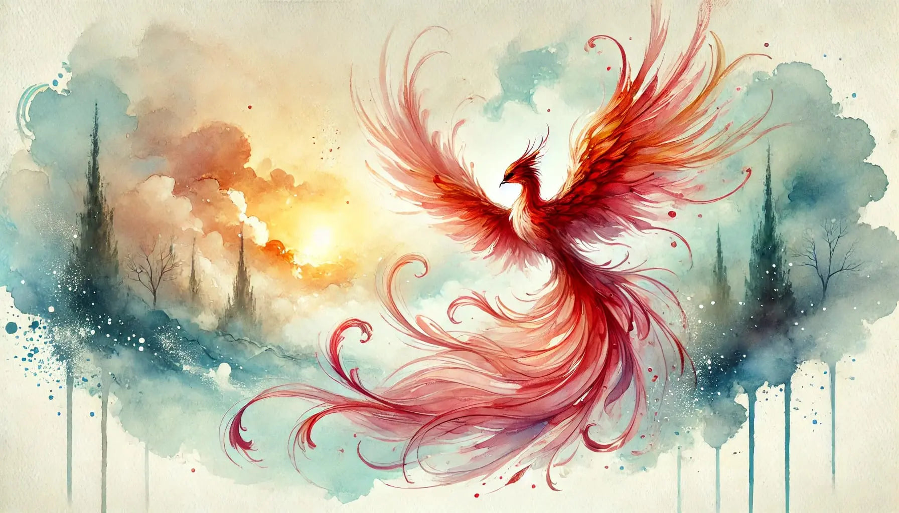 Phoenix in Aquarell auf weißem Grund – Ein zart gemalter, feuerfarbener Phoenix erhebt sich in einer ruhigen Aquarellszene.