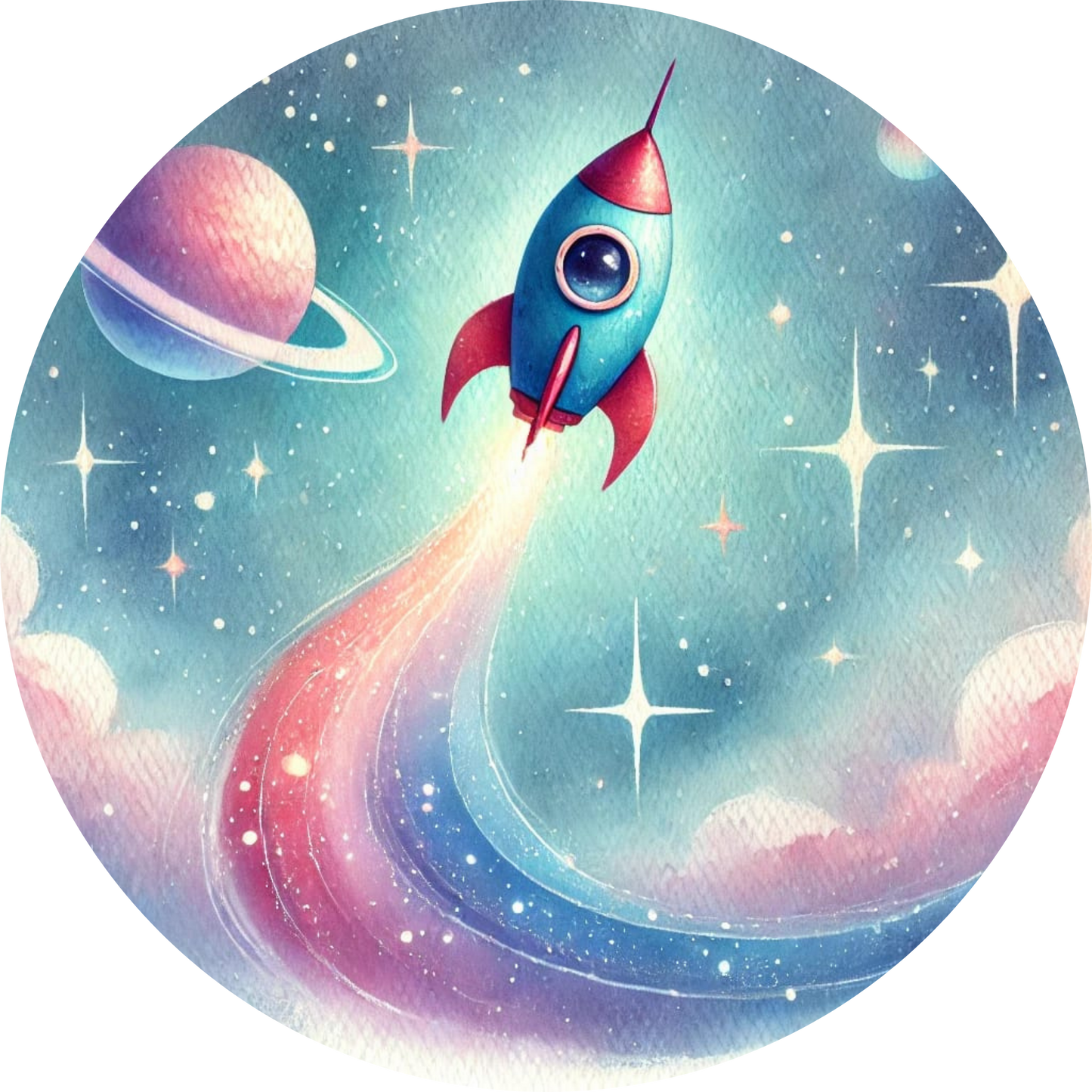 Rakete fliegt durch einen pastellfarbenen Sternenschweif