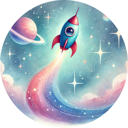 Rakete fliegt durch einen pastellfarbenen Sternenschweif