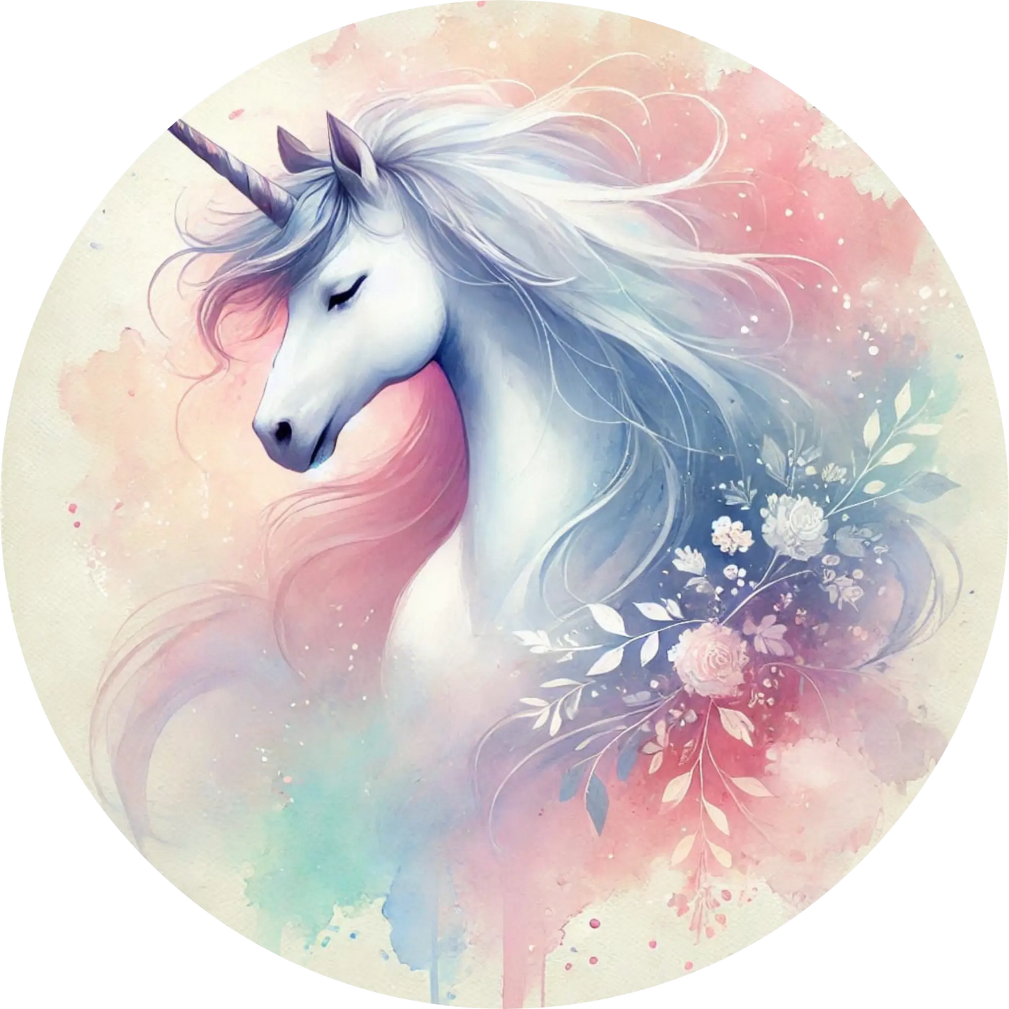  Aquarell-Einhorn mit blauer und rosa Mähne in hellem Hintergrund