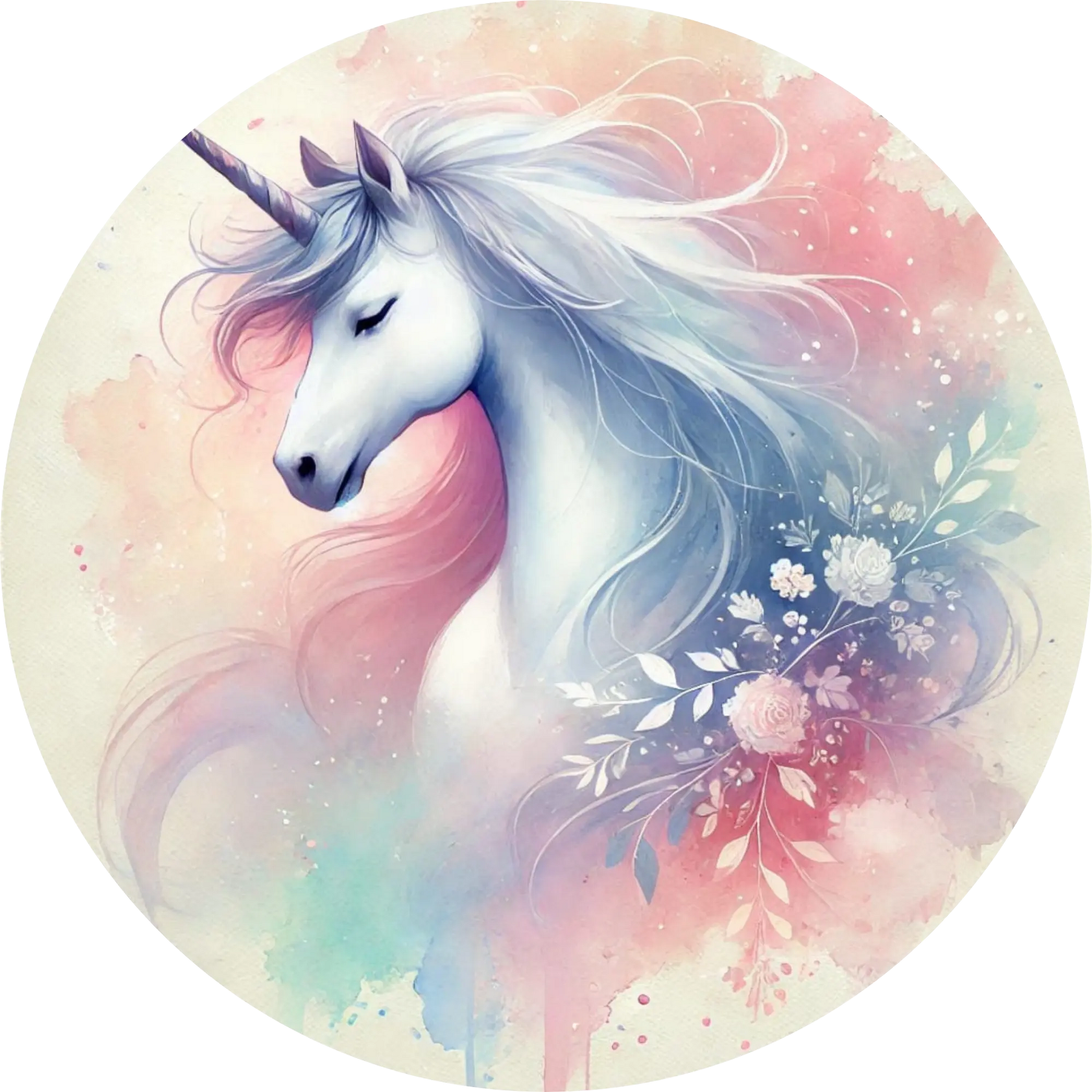  Aquarell-Einhorn mit blauer und rosa Mähne in hellem Hintergrund