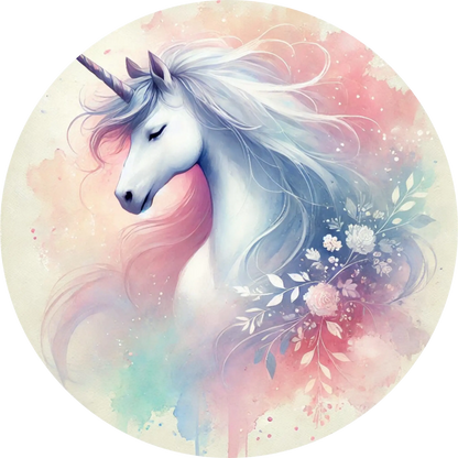  Aquarell-Einhorn mit blauer und rosa Mähne in hellem Hintergrund