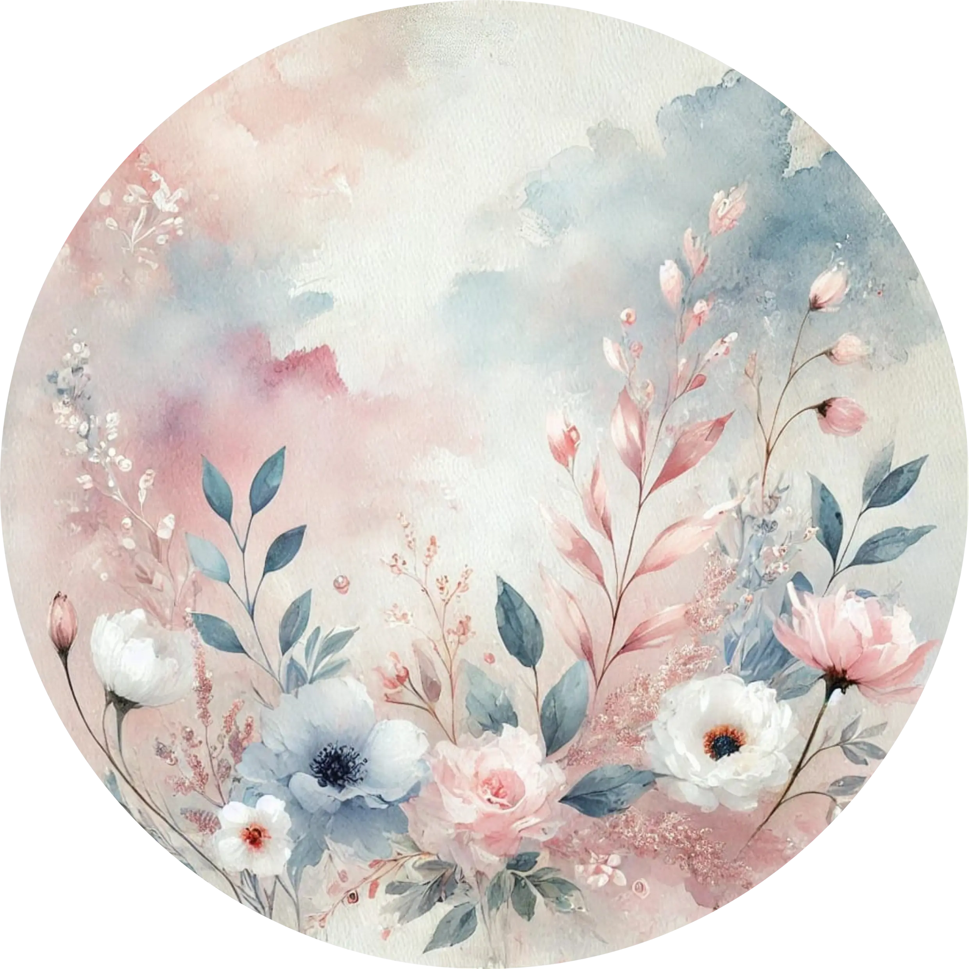 Aquarellblumen in Rosa und Blau auf wolkigem Hintergrund