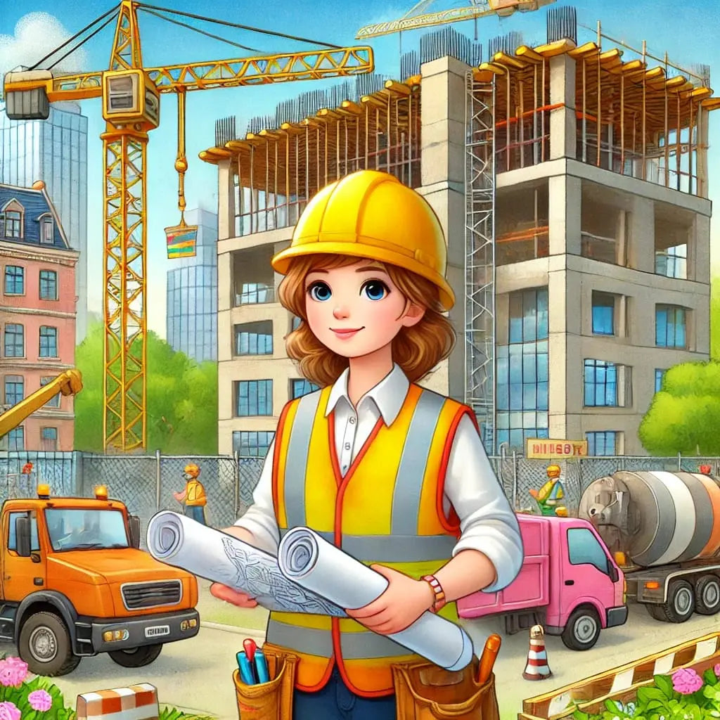 Architektin oder Bauingenieurin auf einer Baustelle mit Helm und Blaupause