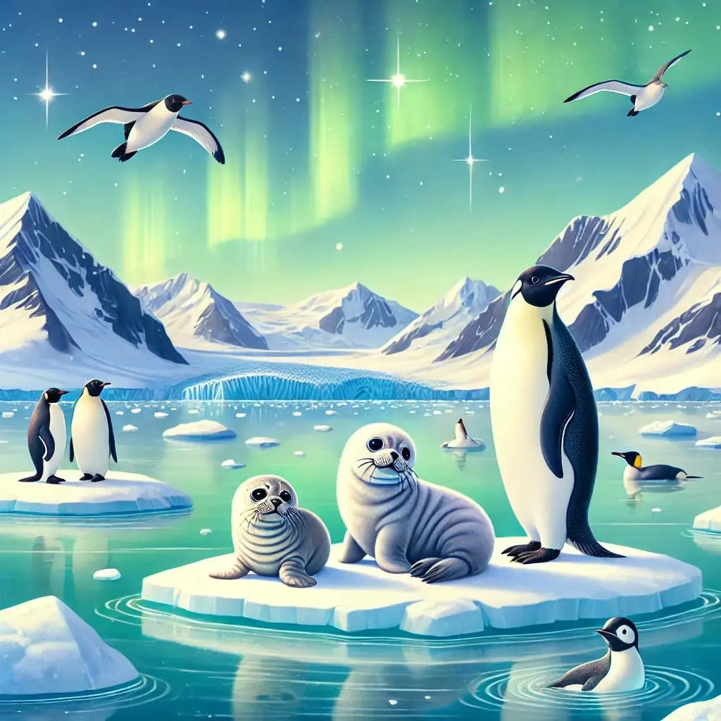 Arktische Szene mit Robben, Pinguinen und Polarlichtern.