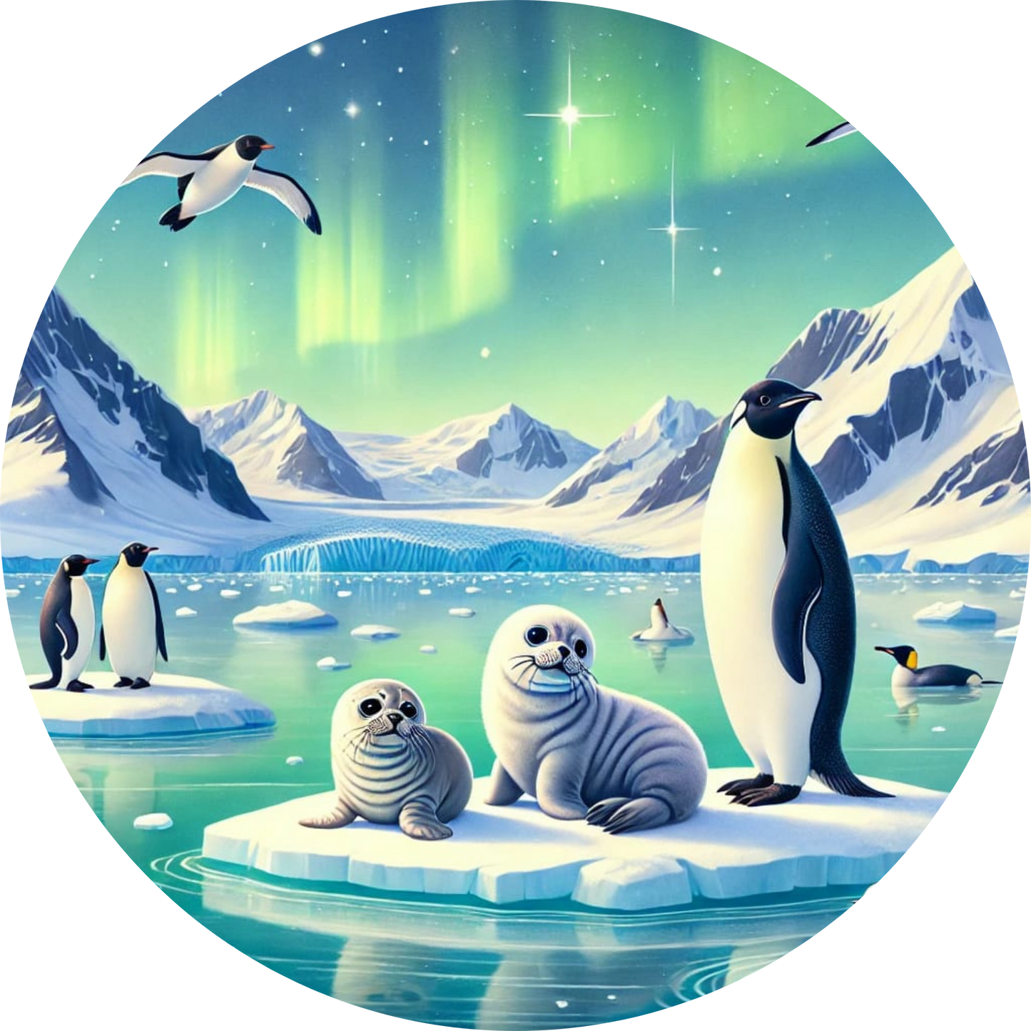 Arktische Tiere wie Pinguine und Seehunde unter Polarlichtern
