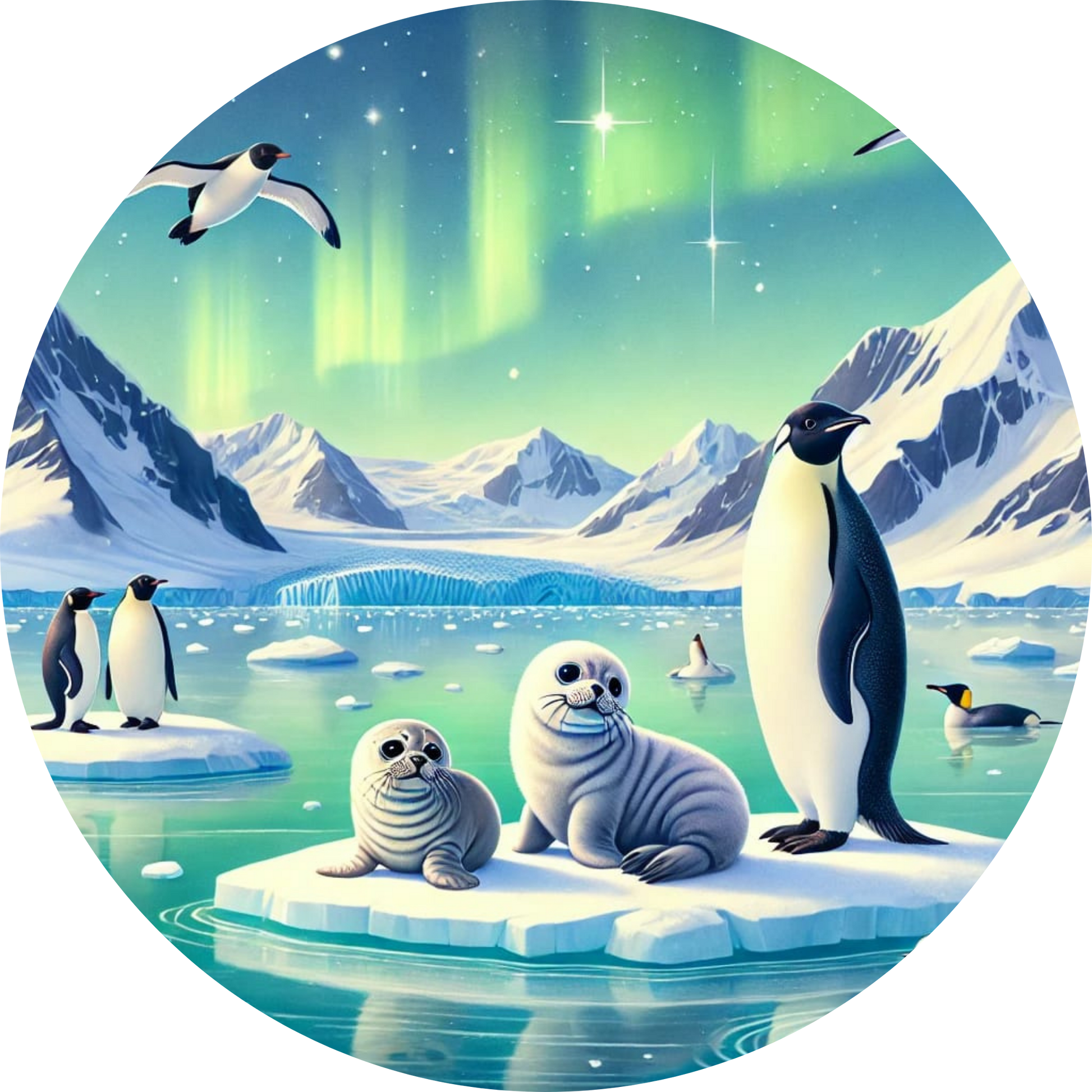 Arktische Tiere wie Pinguine und Seehunde unter Polarlichtern
