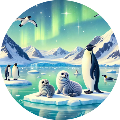 Arktische Tiere wie Pinguine und Seehunde unter Polarlichtern
