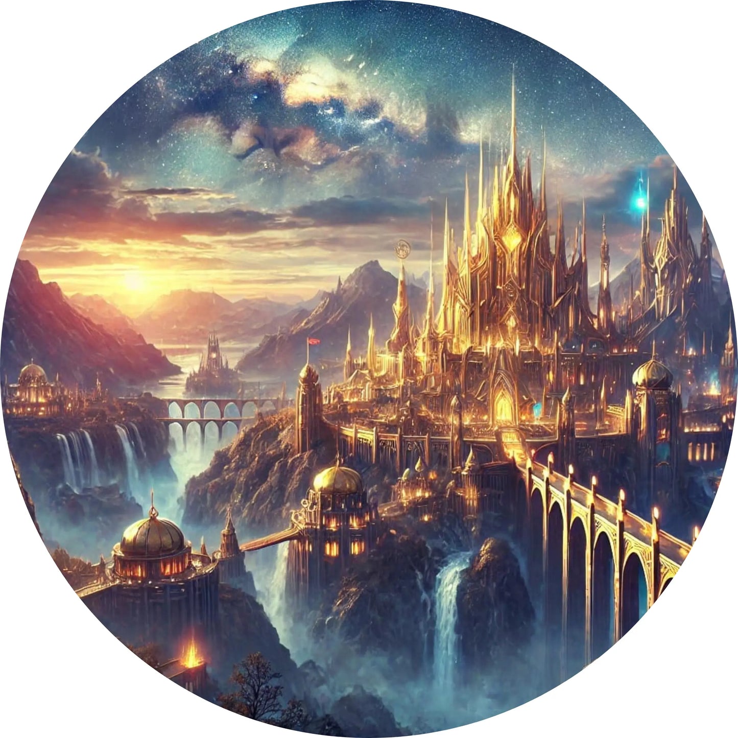 „Asgard in voller Pracht – leuchtende Götterstadt auf einem Felsplateau, umgeben von magischem Licht.