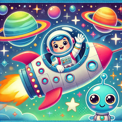 Kindlicher Astronaut in Rakete umgeben von niedlichen Planeten-Charakteren.