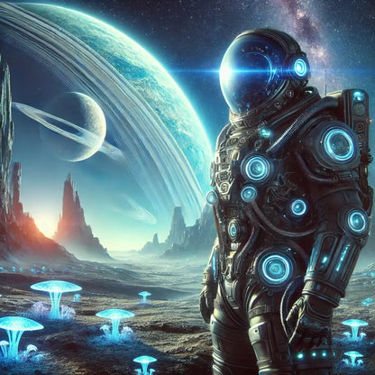 Realistischer Astronaut in Raumanzug schaut ins Licht – dramatische Szene.