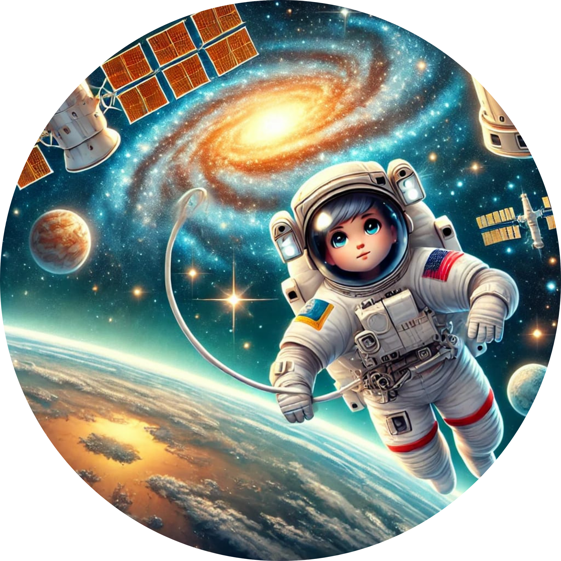 Kindlicher Astronaut mit Blick auf einen Saturn-ähnlichen Planeten