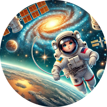 Kindlicher Astronaut mit Blick auf einen Saturn-ähnlichen Planeten