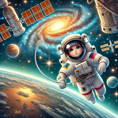 Astronaut im klassischen Raumanzug schwebt vor Saturn mit Energieblitzen.