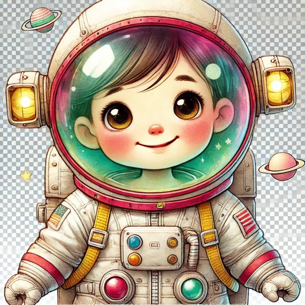 Fröhliche Astronautin im Raumanzug winkt vor Planeten und Sternen im Comicstil.
