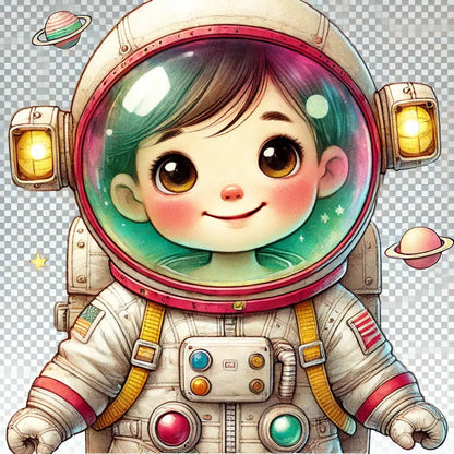 Fröhliche Astronautin im Raumanzug winkt vor Planeten und Sternen im Comicstil.