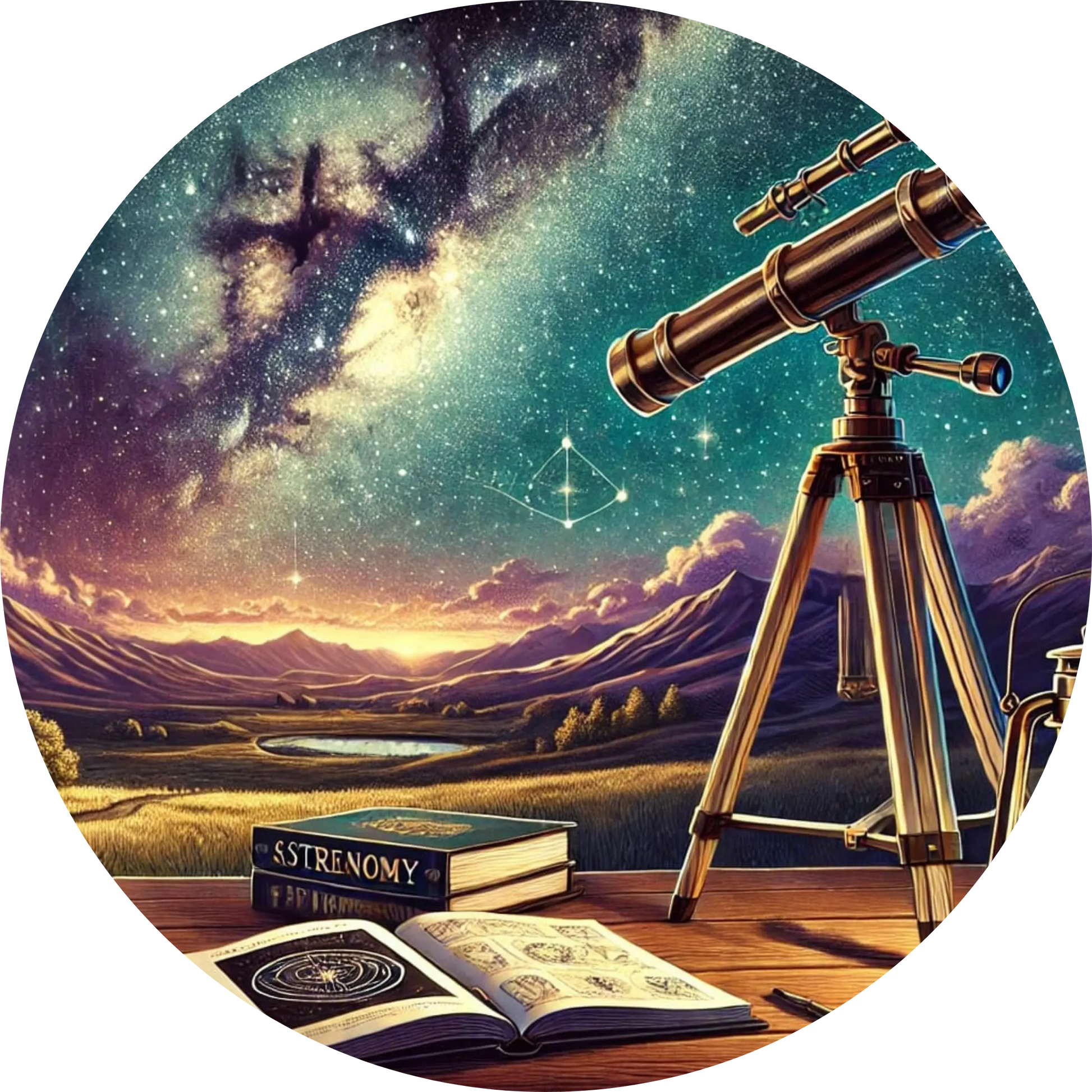 Astronomie-Szene mit Teleskop unter einem leuchtenden Sternenhimmel – perfekte Darstellung für Sternengucker.