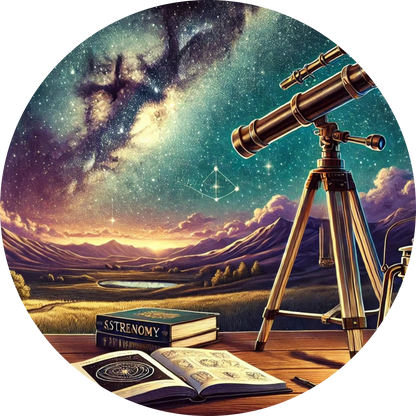 Astronomie-Szene mit Teleskop unter einem leuchtenden Sternenhimmel – perfekte Darstellung für Sternengucker.