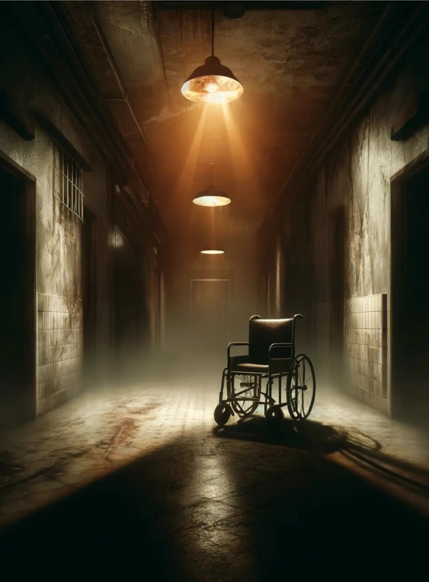 Verlassener Korridor mit Rollstuhl und diffusem Licht