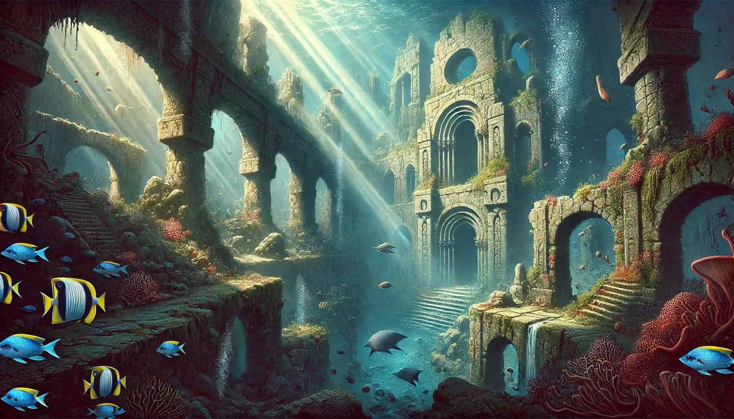 Atlantis – Tempel und Fische
Tropische Unterwasserruinen mit Fischen, Tempeln und bunten Korallen – eine friedliche Vision der verlorenen Stadt Atlantis.