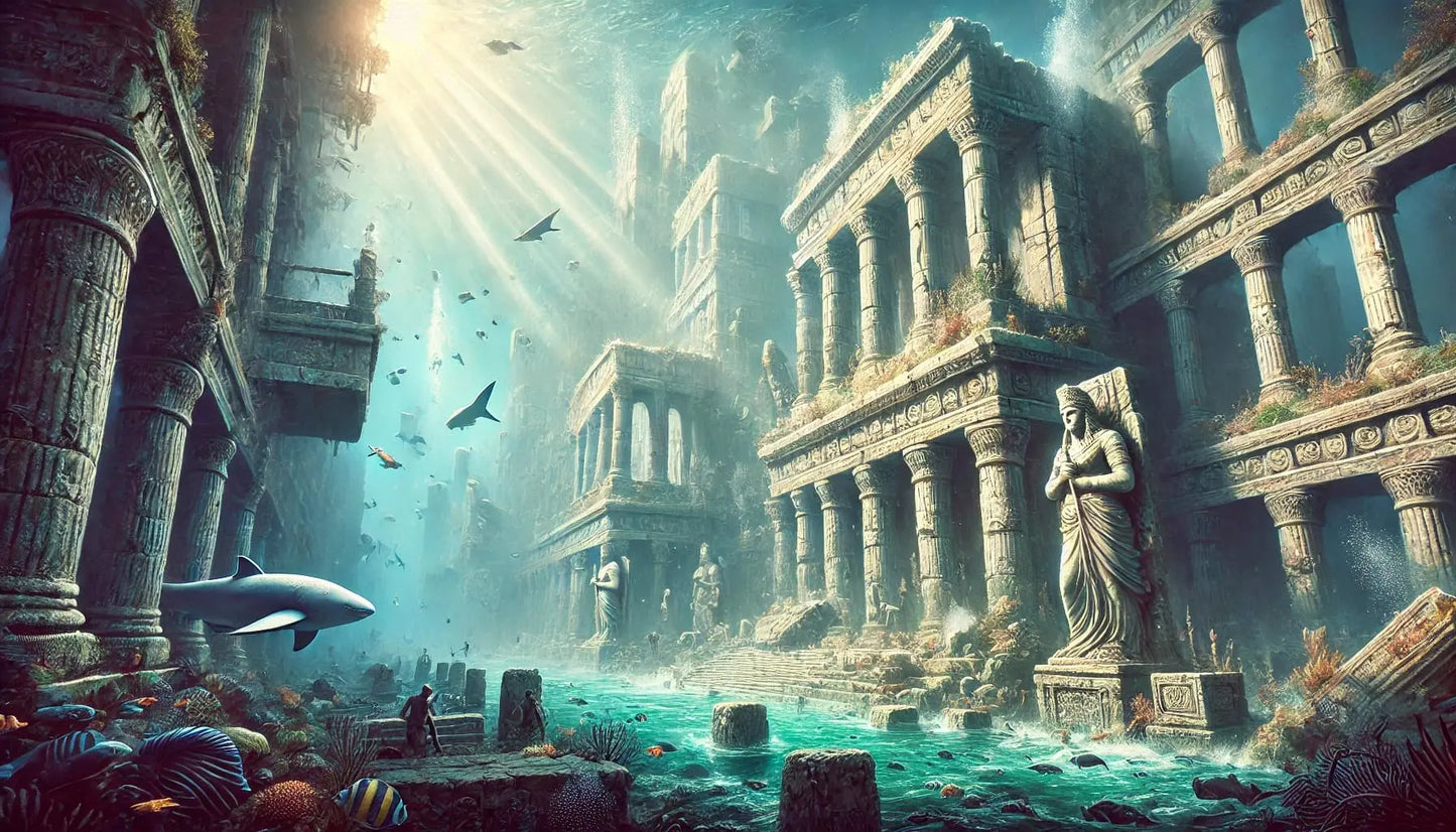 Atlantis – Unterwasserstadt mit Hai
Versunkene Ruinen einer antiken Stadt mit Säulen, Statuen und einem Hai, der zwischen den Überresten schwimmt – geheimnisvolle Darstellung von Atlantis.