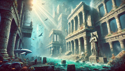 Atlantis – Unterwasserstadt mit Hai
Versunkene Ruinen einer antiken Stadt mit Säulen, Statuen und einem Hai, der zwischen den Überresten schwimmt – geheimnisvolle Darstellung von Atlantis.