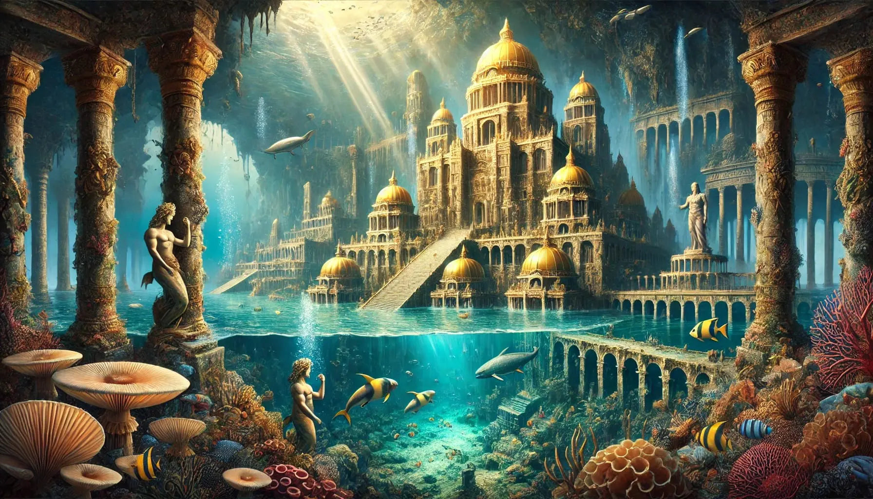 Atlantis – Tempel zwischen Riffen
Eine versunkene Stadt mit detaillierten Ruinen und Fischschwärmen in türkisfarbenem Wasser – Atlantis als faszinierende Unterwasserwelt.