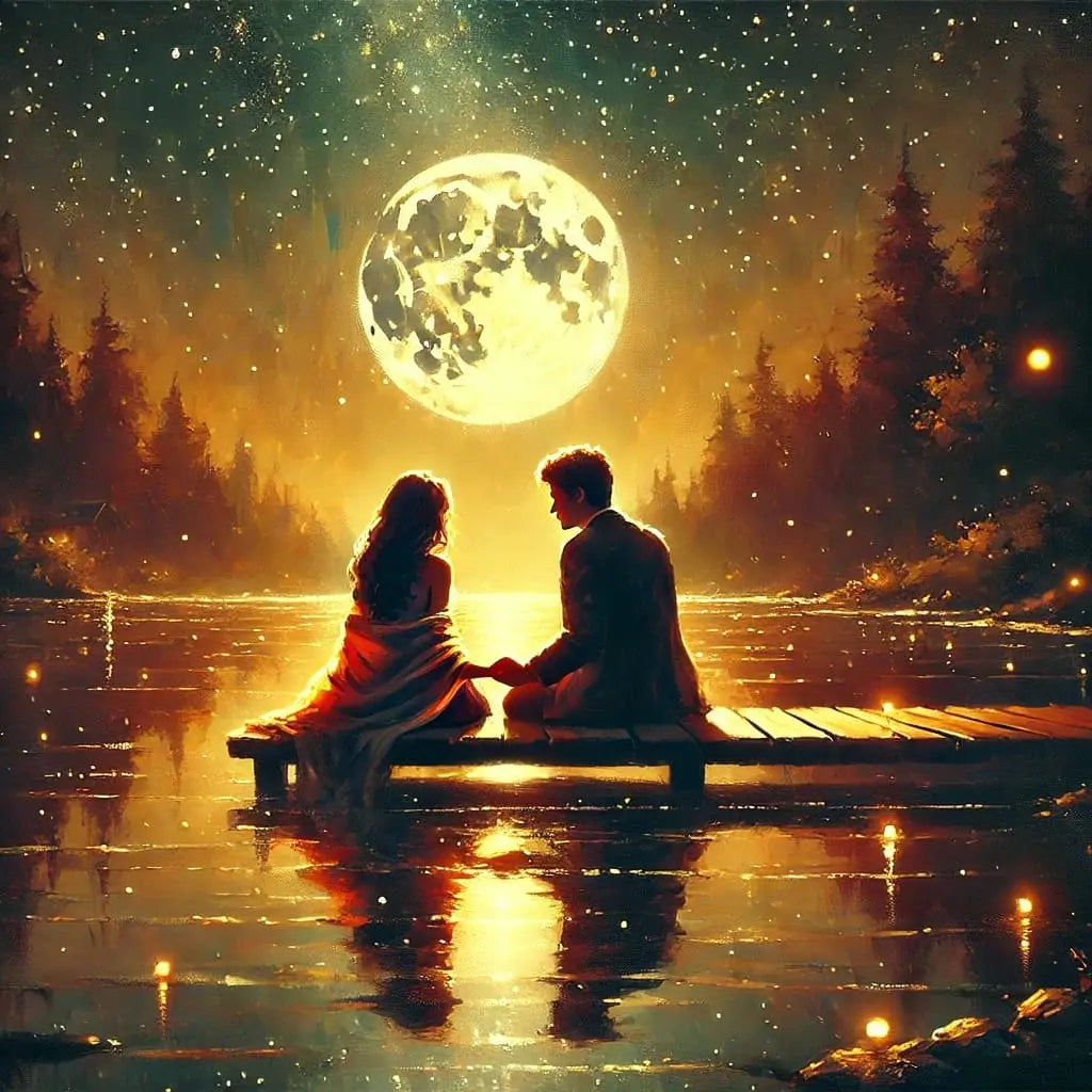 Zweisamkeit bei Mondschein – ein verliebtes Paar sitzt eng umschlungen am Ufer eines funkelnden Sees unter klarem Sternenhimmel.