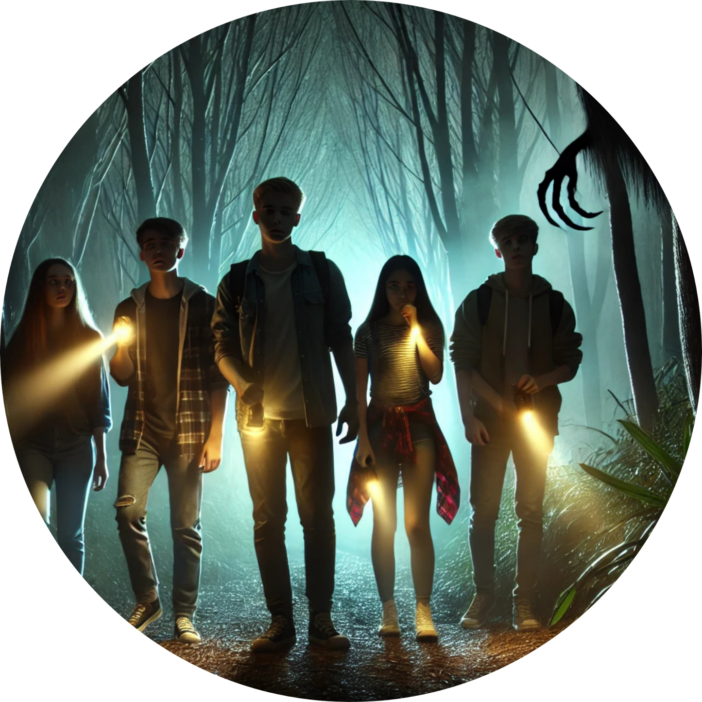 Gruppe Jugendlicher mit Taschenlampen im nebligen Wald auf Erkundungstour
