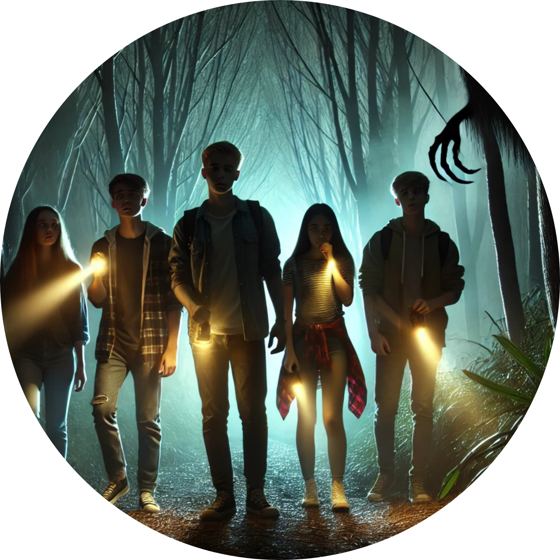 Gruppe Jugendlicher mit Taschenlampen im nebligen Wald auf Erkundungstour
